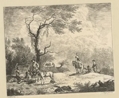 Landschap met werkende en uitrustende boeren