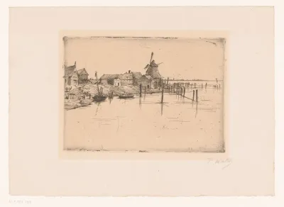 Landschap met windmolen aan het water, mogelijk Marken