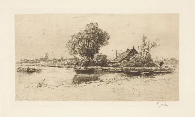 Landschap met woning aan een rivier en stad op de achtergrond