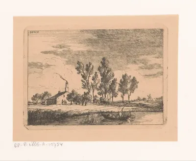 Landschap met woning en vissersboot op het water