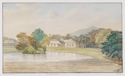 Landschap met woonhuis en vijver, West-Java
