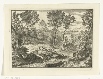 Landschap met zich haastende vrouw