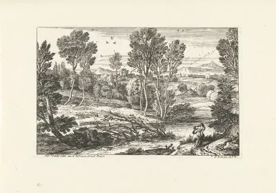 Landschap met zich haastende vrouw