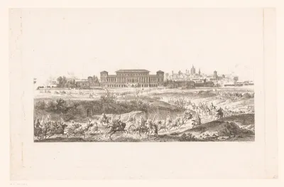 Landschap met zicht op een stad en een naderende cavalerie