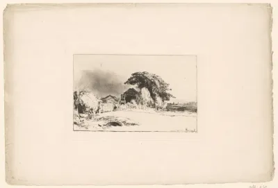 Landschap met zicht op het erf van een boerderij