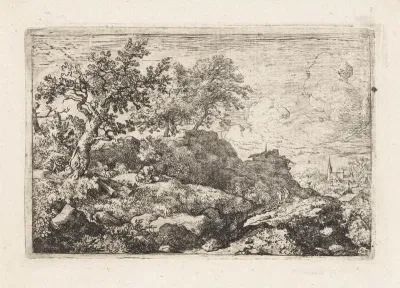 Landschap met zittend persoon op berg