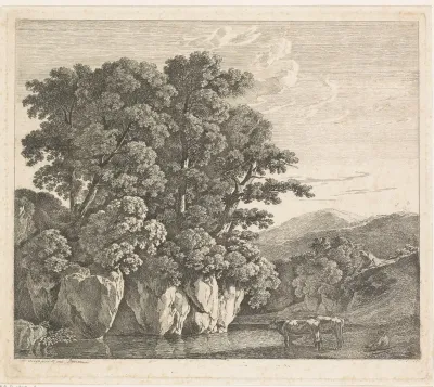 Landschap met zittende herder bij twee koeien