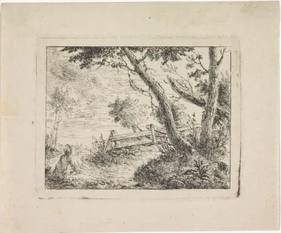 Landschap met zittende man bij bomen en een hek