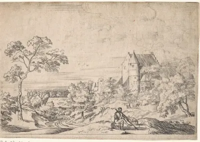 Landschap met zittende man met hond