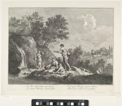 Landschap met zittende vrouw met mand en kind, visser en vrouw met twee manden