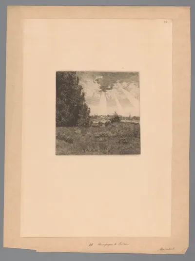 Landschap met zonnestralen en een gezicht op Rocourt