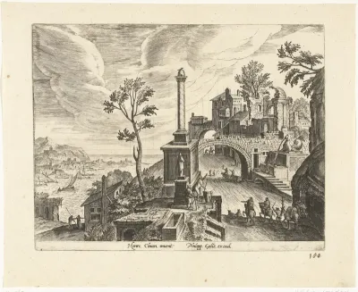 Landschap met zuil en ruïnes