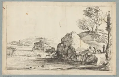 Landschap met zwemmers bij een kleine waterval