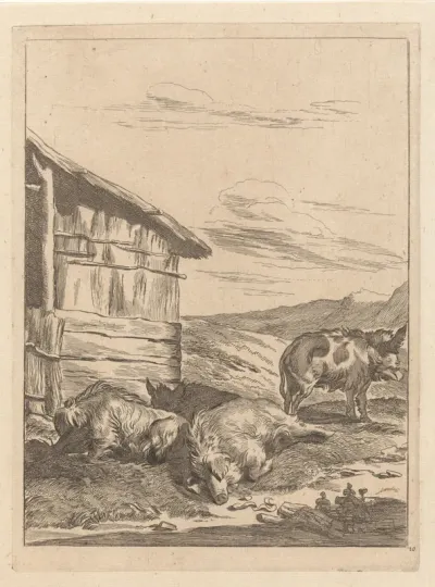 Landschap met zwijnen voor een stal