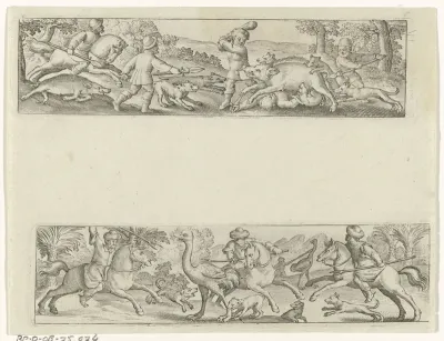Landschap met zwijnenjacht / Landschap met struisvogeljacht
