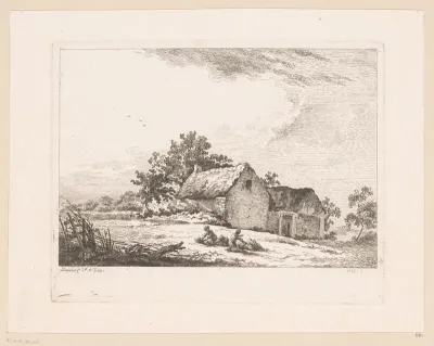 Landschap twee figuren die takken samenbinden voor een huis