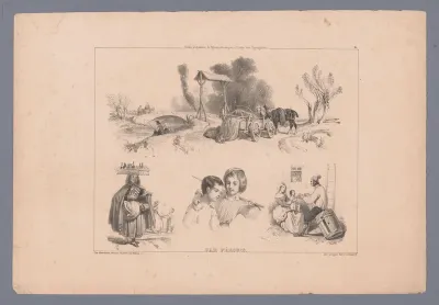 Landschap wagen, paarden en brug, en drie voorstellingen van figuren