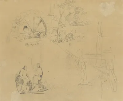 Landschapsfragment met waterrad en twee figuren (verso)