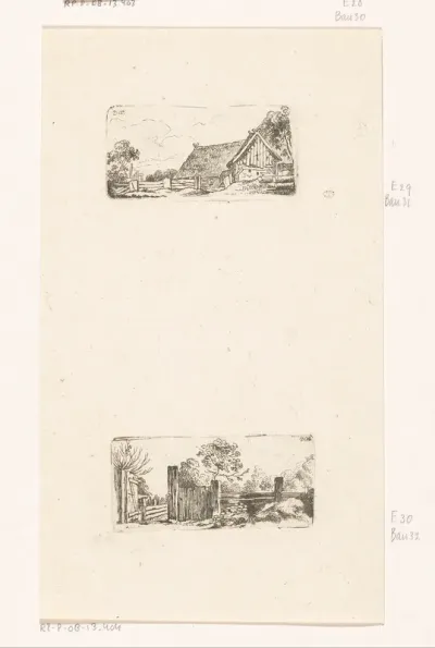 Landschapsstudie met hut en landschapsstudie met open hek