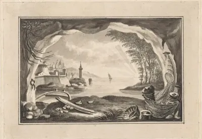 Landschapsvignet met gezicht vanuit een grot op een haven