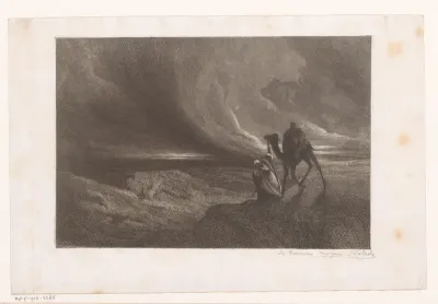 Landschp met figuur met dromedaris lopend door een storm