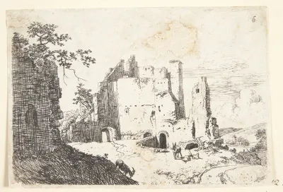 Landskab med en ruin og geder, t.h. en hyrde