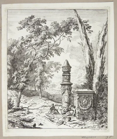 Landskab med figurer, der gør holdt ved et gravmonument
