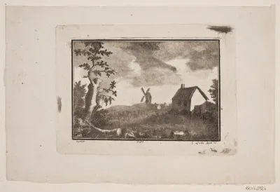 Landskab med hus og mølle