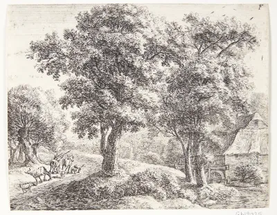 Landskab med hyrde og kvæg, t.h. en vandmølle