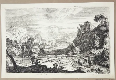 Landskab med hyrder ved et vandfald