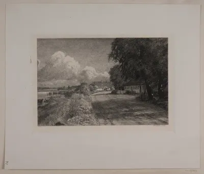 Landskab med indsø. Huse