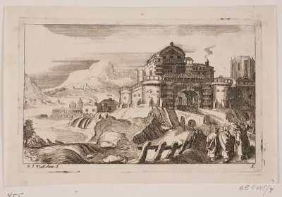 Landskab med Jesus og to apostle foran en byport
