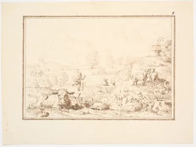 Landskab med løbende bondedreng, dyr, kirke og høj (illustration til eventyret "Bjergmanden og Tordenvejret")
