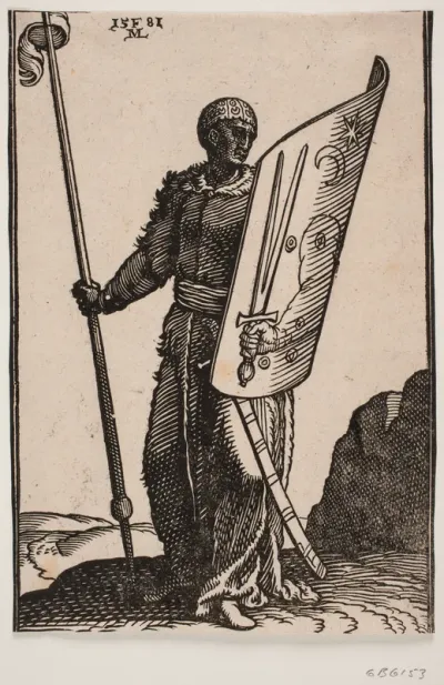 Landskab med stående, mørklødet udseende soldat set forfra; i h. hånd holder han vimpelsmykket spyd, på v. arm et skjold prydet med halvmåne, en stjerne, en arm og en hånd holdende et tvedelt sværd; soldaten er klædt i en skindkappe og bærer en brode