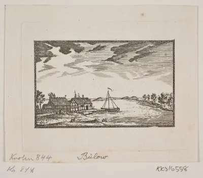 Landskab med to huse og båd på floden