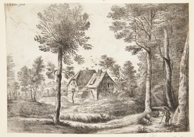 Landskab med to huse og en fårehyrde med en skalmeje