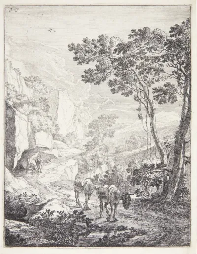 Landskab med to mulæsler på en vej. Rocca Aquatico ved Ancona