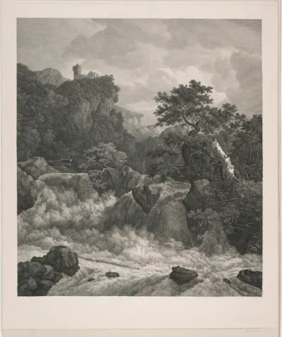 Landskab med vandfald og en klippeborg