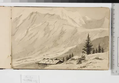 Landskab ved Chamonix, Frankrig. I forgrunden en sø