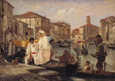 Landstigning i Venedig. En tiggergondol har på Canal Grande fulgt en herskabsgondol