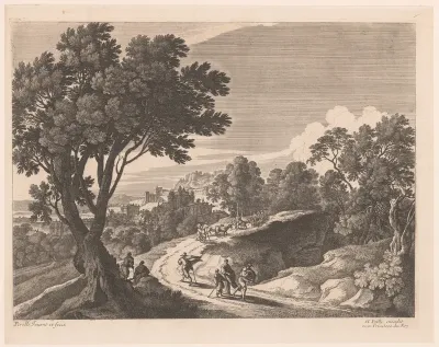 Landweg buiten een stad met figuren en vee