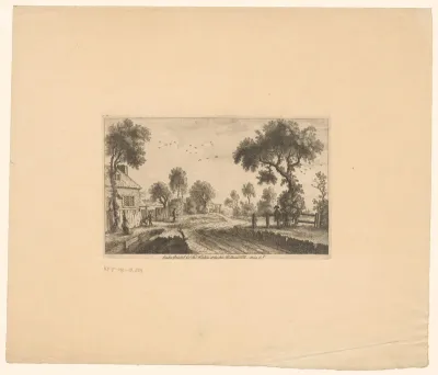 Landweg met huizen en enkele figuren