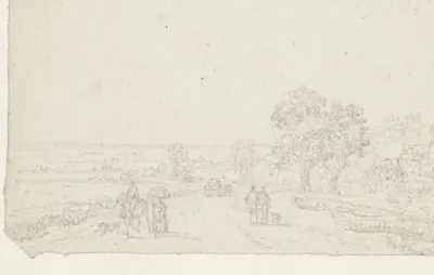 Landweg met ruiter, vrouw met pak op het hoofd, twee voetgangers en een wagen