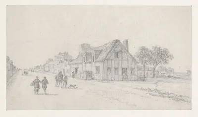 Landweg met voetgangers en ruiter, rechts een boerderij