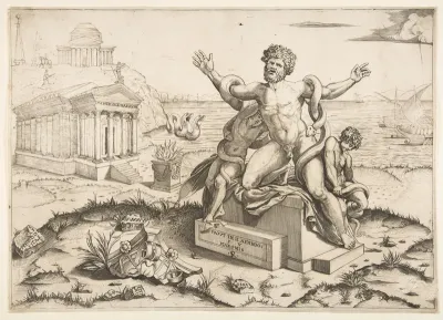 Laocoön and his two sons being attacked by serpents upon a pedestal, a temple to Minerva behind them, another temple and the sea in the background
