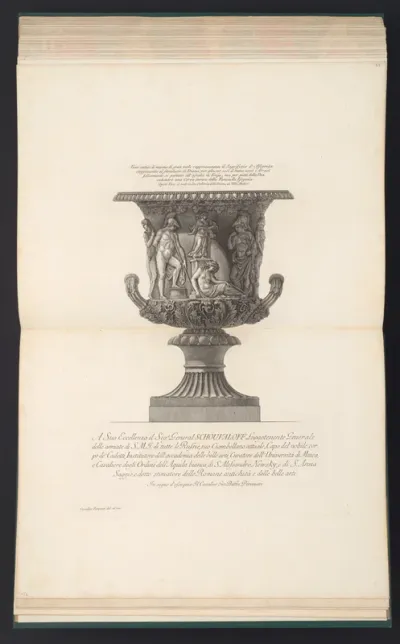 Large marble vase decorated with a relief of the sacrifice of Iphigenia, from "Vasi, candelabri, cippi, sarcofagi, tripodi, lucerne, ed ornamenti antichi disegnati ed incisi dal Cav. Gio. Batt. Piranesi, Vol. II" (Vases, candelabra, grave stones, sar