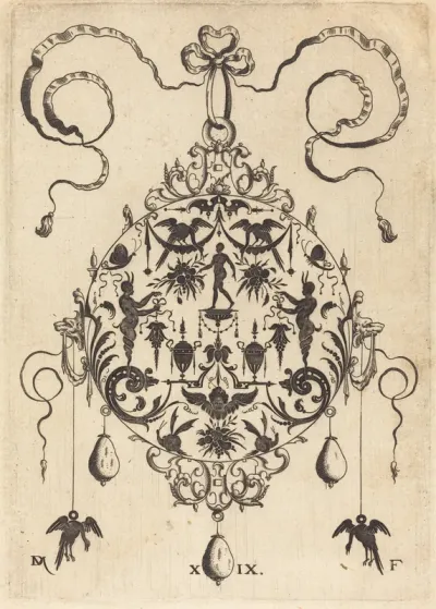 Large Pendant, In Circular Form, Nude Man Flanked by Two Herms