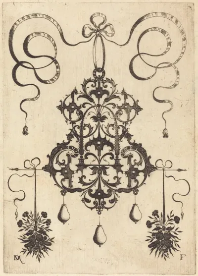 Large Pendant, Lower Left and Right Two Bunches of Grass, Flowers, and Fruit