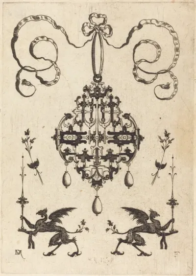 Large Pendant, Lower Left and Right Two Griffins Carrying Fantasy Candlesticks