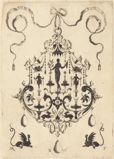 Large Pendant, Victory Flanked by Two Herms at Centre